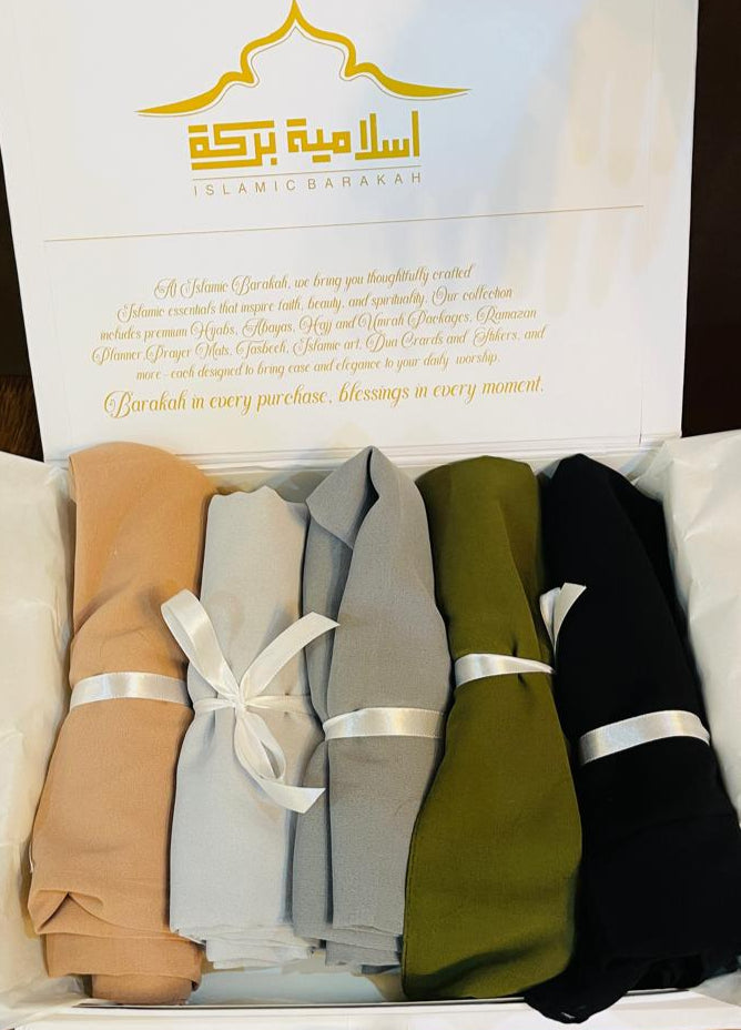 Georgette Hijab Bundle-Pack of 5 with 1 Free Tube cap And 10 No Snag Pins.