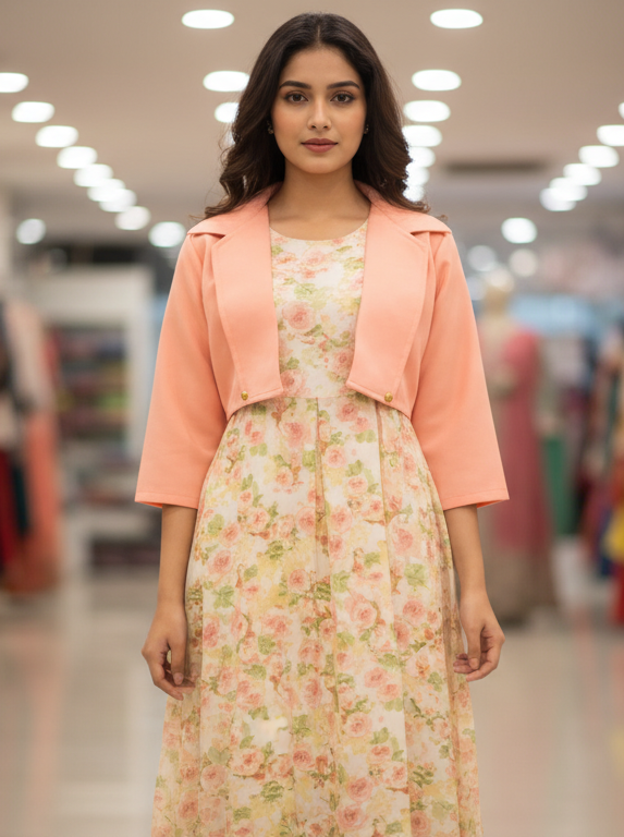 Floral Style Long Frock with Jacket for Women – Cotton Elegant Summer Wear