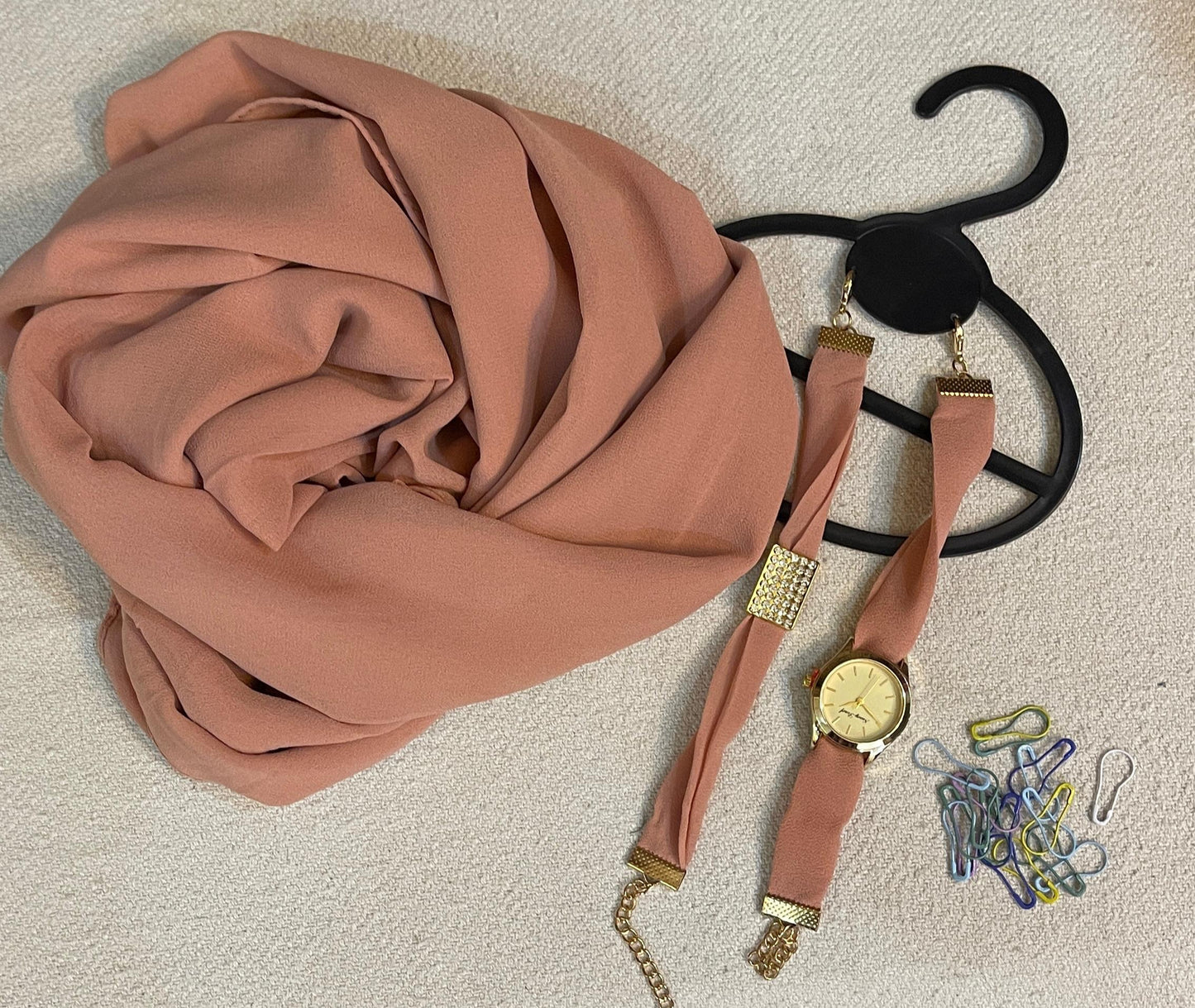 Watch, Bracelet and Simple Hijab Set - Peach