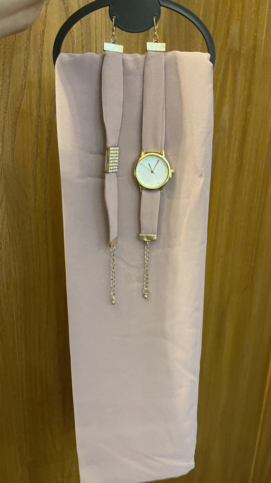 Watch, Bracelet and Simple Hijab Set - Light Tea Pink