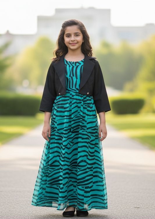 Black line Style Long Frock with Jacket for Women – Cotton Elegant Summer Wear