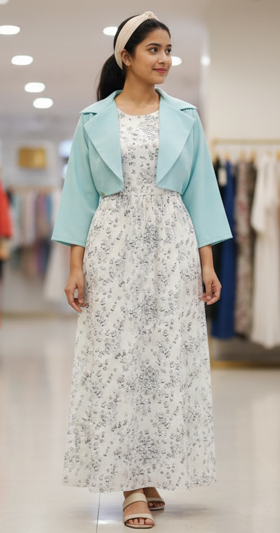 Floral Style Long Frock with Jacket for Women – Cotton Elegant Summer Wear