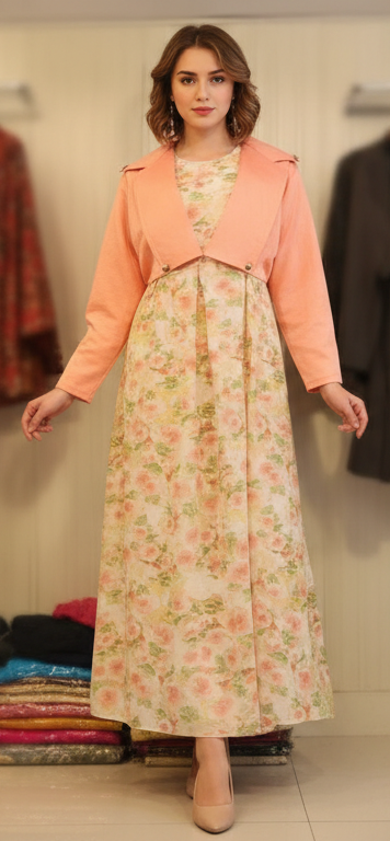 Floral Style Long Frock with Jacket for Women – Cotton Elegant Summer Wear
