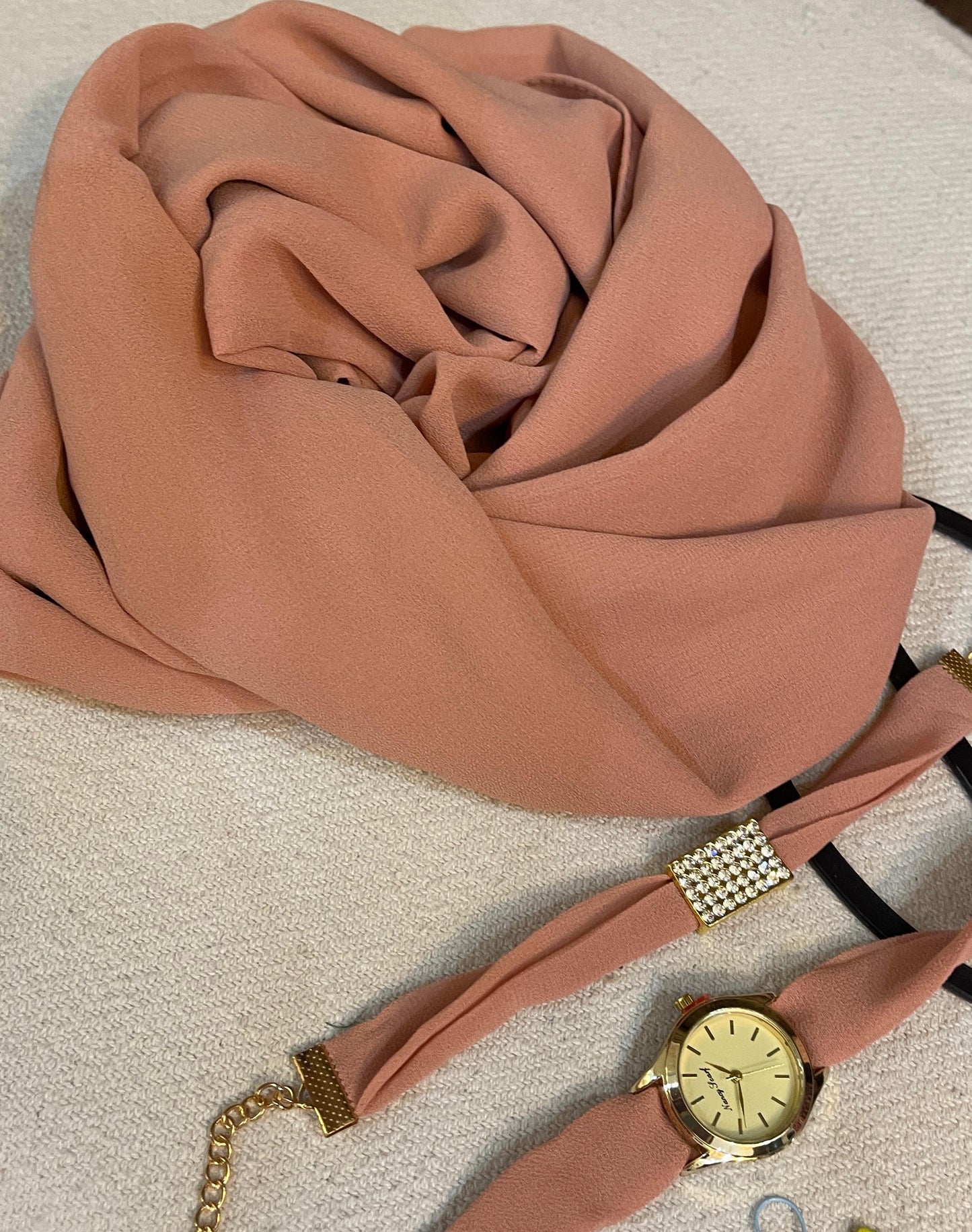 Watch, Bracelet and Simple Hijab Set - Peach