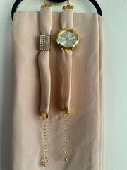 Watch, Bracelet and Simple Hijab Set - Beige